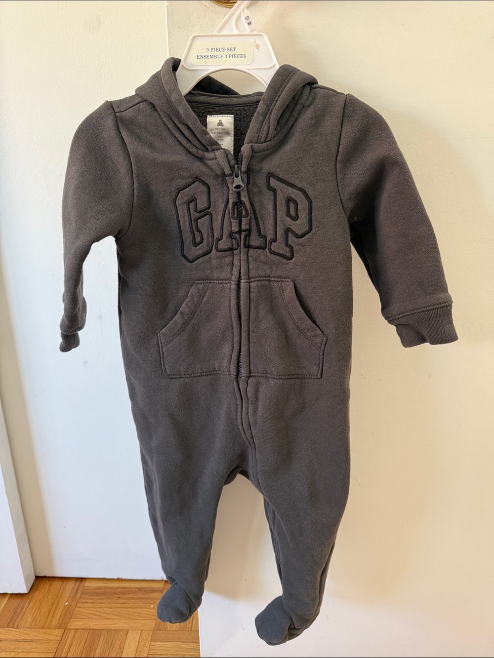 babyGAP Charcoal Gray Fleece Hooded Baby One-Piece - 6-12 months